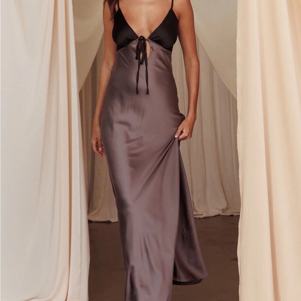 Peppermayo Satin Maxi Slip Dress in Black and Taupe